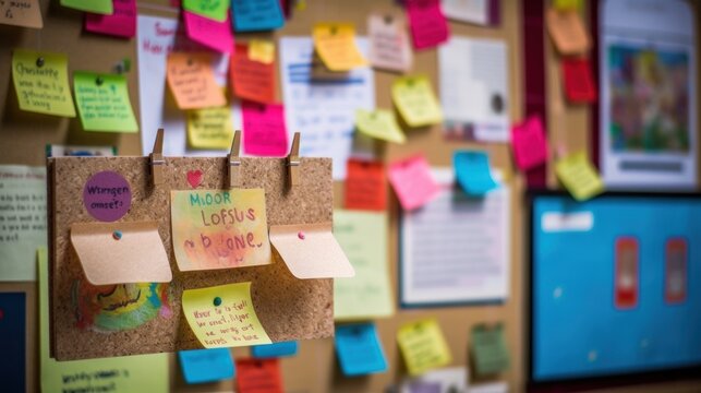 Colorful sticky notes stuck over a cork board background.AI generated image