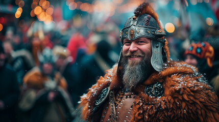 A large man in a Viking costume at the Up Helly Aa festival, standing proudly in the middle of the crowd, Ai generated Images