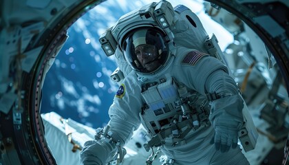 Spacewalk Choreography, Illustrate the choreographed movements of astronauts during a spacewalk - Powered by Adobe