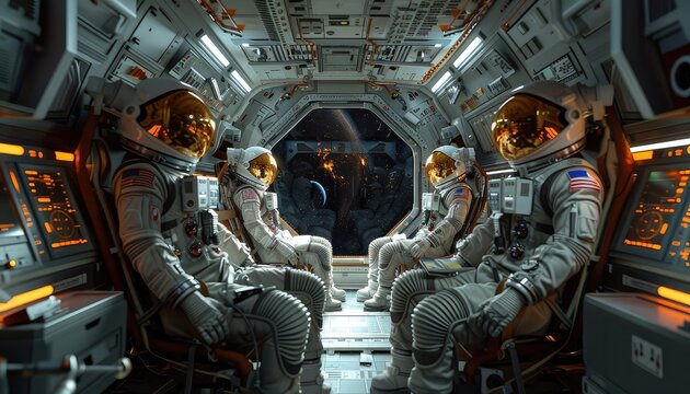 EVA (Extravehicular Activity) Preparation, This concept involves depicting astronauts inside a spacecraft preparing for a spacewalk - Powered by Adobe