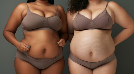 Tummy tuck, two fat women with flabby bellies on gray background, plastic surgery and body positive concept hyper realistic 