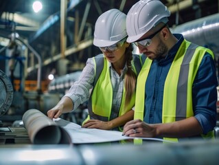 two engineers or architects, a man and a woman, both wearing safety helmets and vests, studying drawings or plans on a table in an industrial setting. 