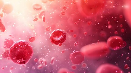 Red cells flowing in the living body, closeup of red cells with a blurred background. This image depicts the concept of human health and medicine in the style of an abstract biological representation.