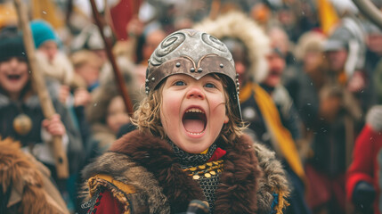 A child wearing a Viking costume at the Up Helly Aa festival poses excitedly in the middle of a crowd of people, Ai Generated Images