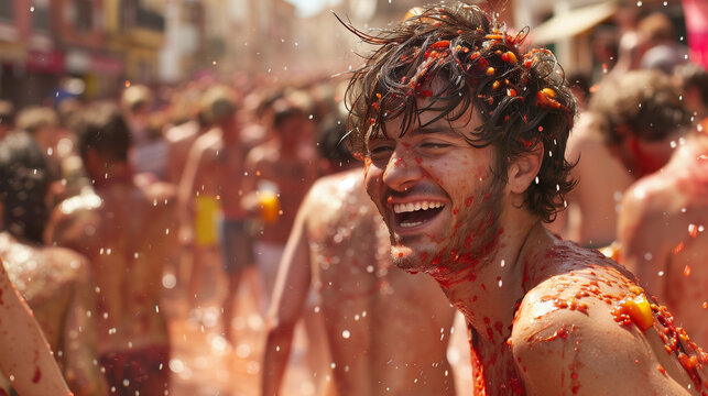 La Tomatina Festival, where thousands of people gather on tomato-strewn streets, cheerful smiles and joy radiating from their tomato-covered faces, Ai Generated Images