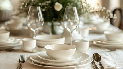 Fototapeta na wymiar Minimalist Swedish dinner table setting with elegant tableware.