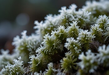 Macro image of frost-covered moss and lichen in a winter scene, generative AI