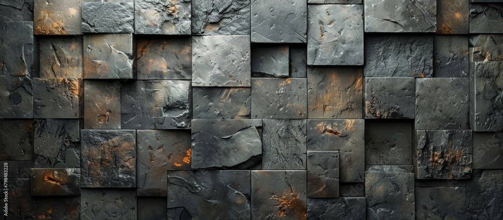 Poster a detailed view of a wall constructed using interlocking metal blocks, showing a pattern of industri