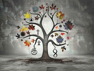 Visualize a tree with leaves representing different religions, symbolizing growth and diversity 