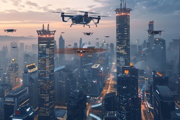 city skyline with flying drones