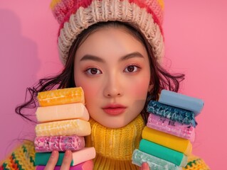 A young woman holding a bunch of gift boxes