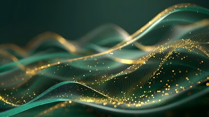 Abstract 3D green wave lines with shiny gold decorations on a dark gradient background.