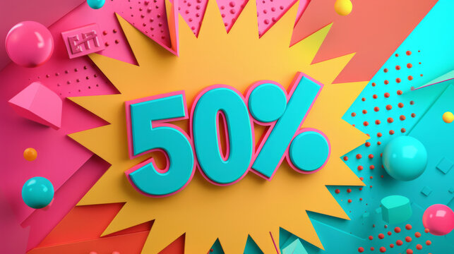 A bright and bold 3D render of a '50% Off' sale announcement, with playful geometric shapes, ideal for grabbing customer interest.