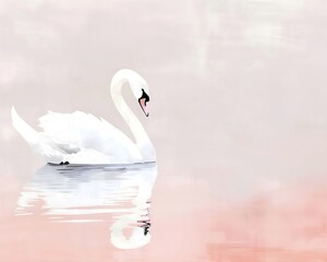 pink background minimalist scandinavian nordic style animated white swan on pink water painting whimsical, muted vintage neutral background, soft and delicate, nursery art