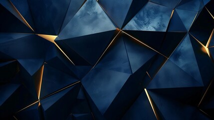Luxurious dark blue abstract background template with opulent triangle pattern and golden illumination lines.