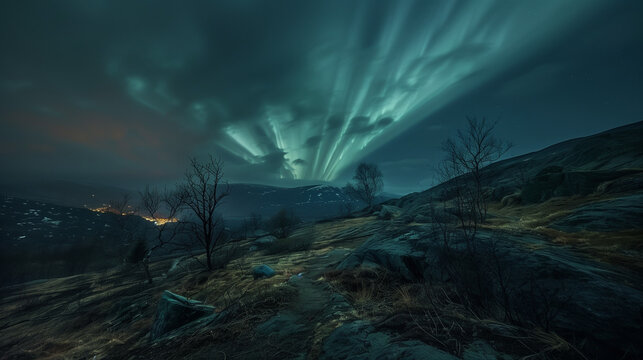 Hessdalen Lamp light phenomenon, hilly landscape with strange light radiating in the night sky, Ai generated Images