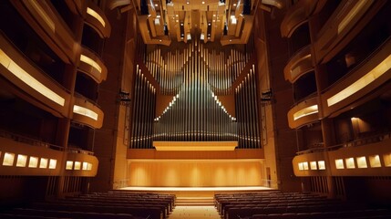 An auditorium filled with rows of seating, with a large pipe organ positioned in the center. The pipe organs intricate pipes and keyboards dominate the space, surrounded by elegant architectural