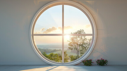 window with a cross frame, round window with a white frame, beautiful nature and sun in the window