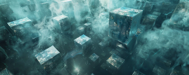 Blocks appear to float in space, creating a surreal effect in abstract backgrounds.