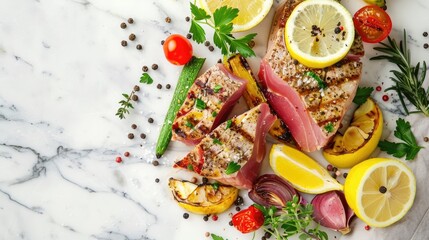 Grilled tuna steaks on marble table