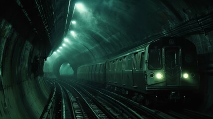 Obraz premium Subway tunnel collapse: Trains derailed, emergency lights flickering after intense earthquake