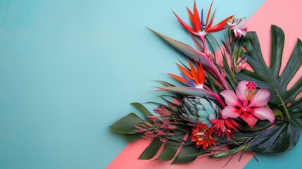 tropical flower ( bird of paradise proteas hibiscus ) on top of solid blue background with copyspace for text