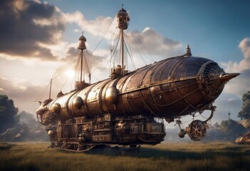 'airship steampunk cg d three-dimensional adventure air airscrew art background computer graphic cosmos rigible fantasy forward illustration journey light moon nebula' - obrazy, fototapety, plakaty