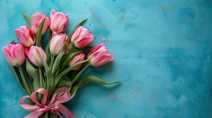 A vertical photo featuring a stunning bunch of pink tulips adorned with a delicate satin ribbon set against a vibrant blue backdrop perfect for celebrating Mother s Day Easter or Valentine 