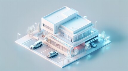 
3D isometric view of one white building with 3 floors, using simple shapes with a minimalistic...