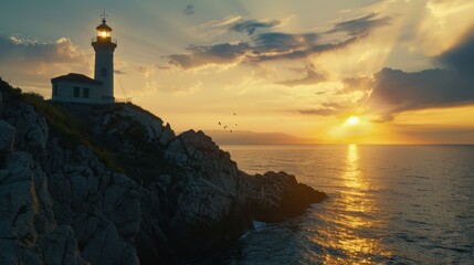 Lighthouse at sunset on the beach