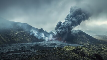 Intense volcanic eruption in Iceland's remote highlands with massive ash clouds and molten lava streams - dramatic natural spectacle