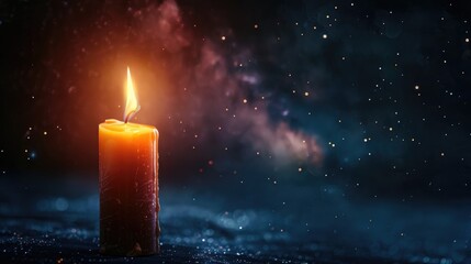 The only light in a dark room against a starry backdrop comes from a glowing candle