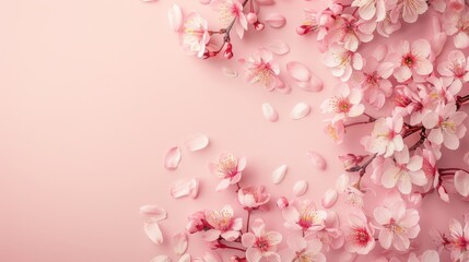 cherry blossom flowers on top of solid pink background with copyspace for text