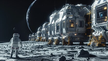 Future Lunar Exploration, Envision a futuristic lunar landing scenario where advanced spacecraft from various nations or private companies touchdown on the moon's surface