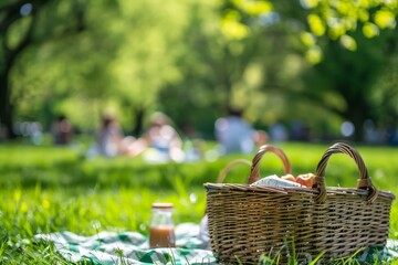 Close-Up of Picnic Basket with Fruits on Checkered Blanket, Family in Background - Leisure Activity, Apple Healthy Eating, Outdoor Relaxation