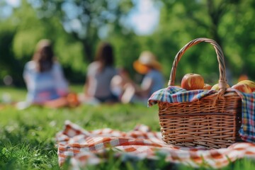 Close-Up of Picnic Basket with Fruits on Checkered Blanket, Family in Background - Leisure Activity, Apple Healthy Eating, Outdoor Relaxation