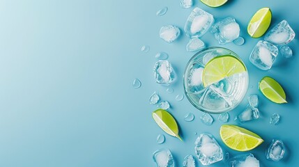 Gin and Tonic with lime wedge and ice block on top of blue background with copyspace for text - obrazy, fototapety, plakaty