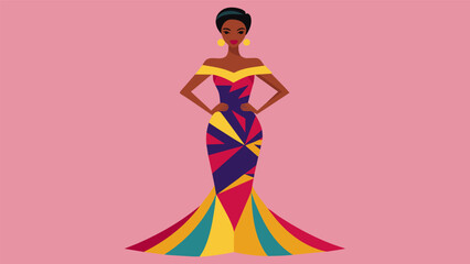 A model wearing an offtheshoulder mermaid dress made of shweshwe fabric known for its bold and colorful designs representing pride and confidence in. Vector illustration