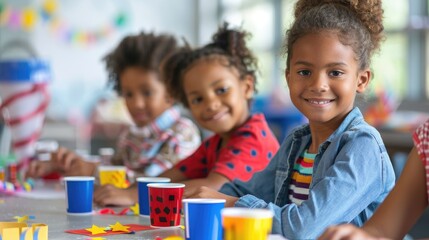 Children creating patriotic crafts and artwork to celebrate Memorial Day. 
