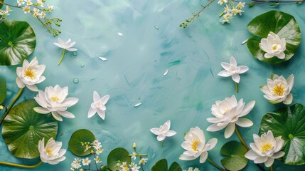 lotus flowers water lilies jasmin on top of pastel blue background with copyspace for text