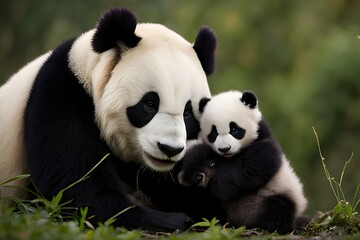 Fototapeta premium Lazy giant panda bears in a bamboo forest , panda moms and cubsLazy giant panda bears in a bamboo forest , panda moms and cubs
