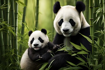 Naklejka premium Lazy giant panda bears in a bamboo forest , panda moms and cubs