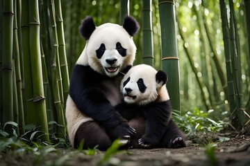 Obraz premium Lazy giant panda bears in a bamboo forest , panda moms and cubs