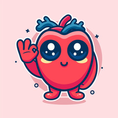cute human heart organ character mascot with ok sign hand gesture isolated cartoon