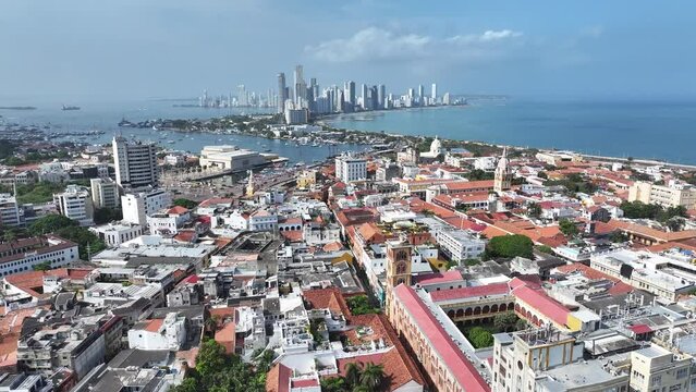 Medieval City At Cartagena De India In Bolivar Colombia. Caribbean Cityscape. Downtown Background. Cartagena De India At Bolivar Colombia. Tourism Landscape. Walled City Landmark.
