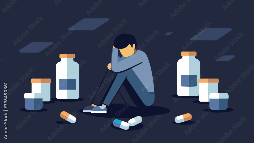 Poster a person sitting alone in a dark room surrounded by empty pill bottles and looking defeated represen
