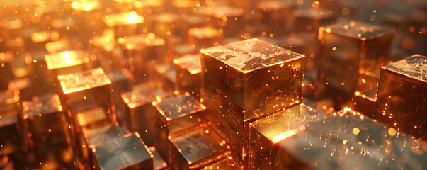 Metallic blocks shimmer and shine in abstract backgrounds, catching the light.