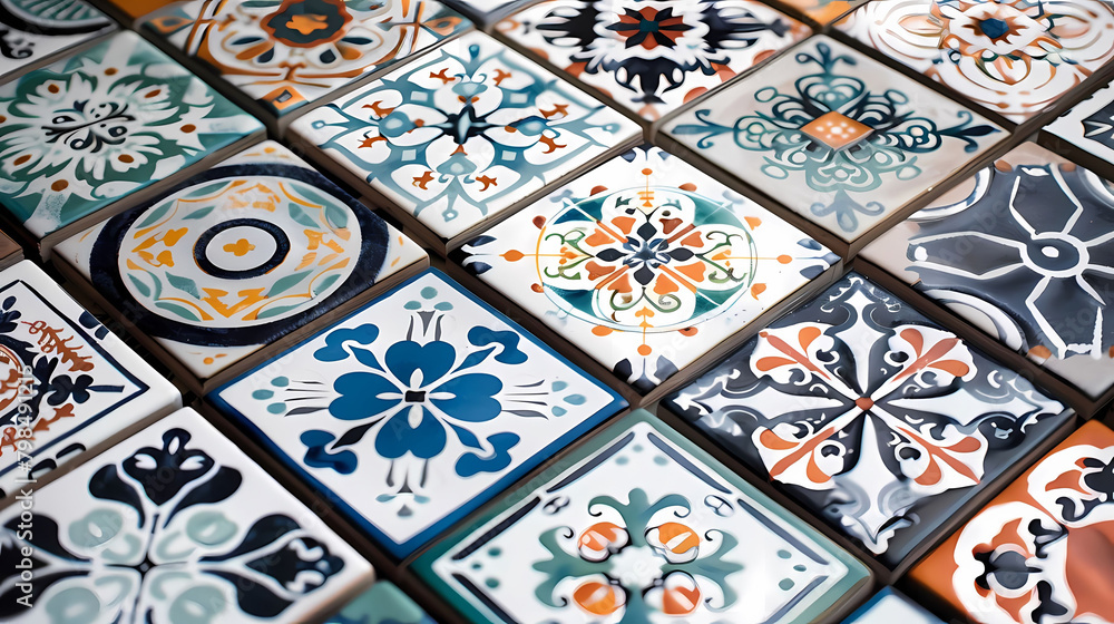 Poster geometric patterned ceramic tiles in various colors and patterns are displayed on a wall, accompani