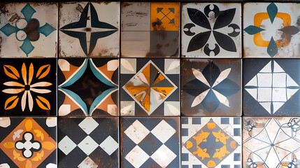 geometric patterned ceramic tiles in various colors and sizes are displayed on a wall, accompanied