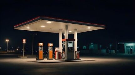 Horizontal shot of a generic unbranded gas station at night.generative.ai
